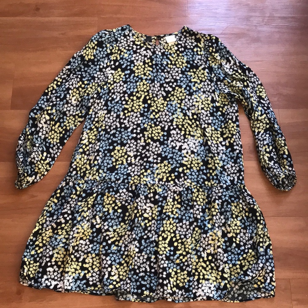 H&M Black Long-Sleeve Floral Mini Dress with Yellow, Blue & White Flowers